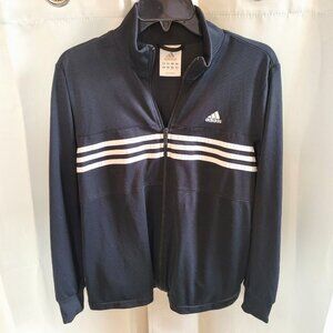 VINtage Women Adidas Track Jacket Large Y2K Black 3 Stripe Full Zip Pocket 17406